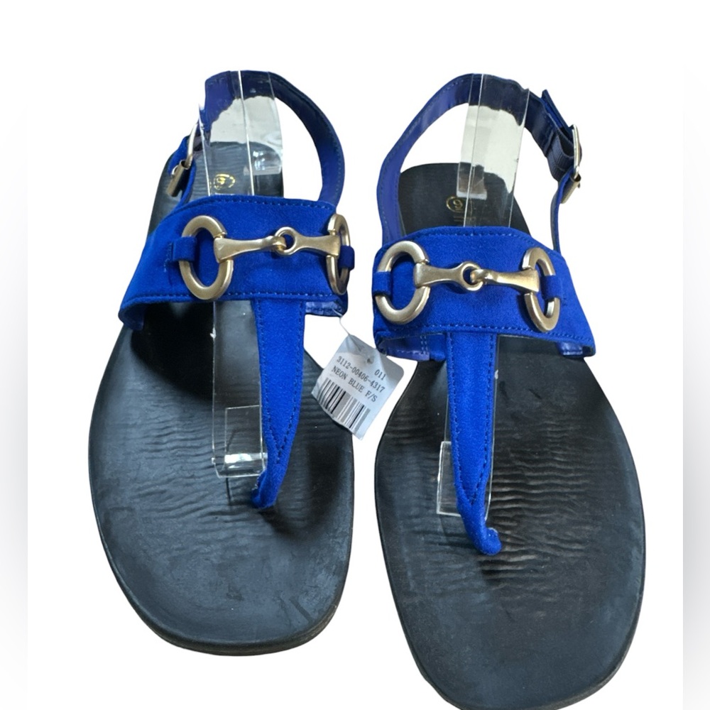 Rouge Helium Neon Blue Brass Detail Horsebit T-Strap Thong Sandals Size 9 - Picture 2 of 7